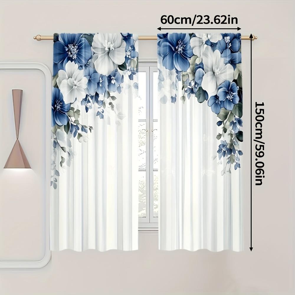 2 Pcs Elegant Blue & White Floral Curtains – Rod Pocket Design for Bedroom Living Room Kitchen Study   All-Season Home Decor