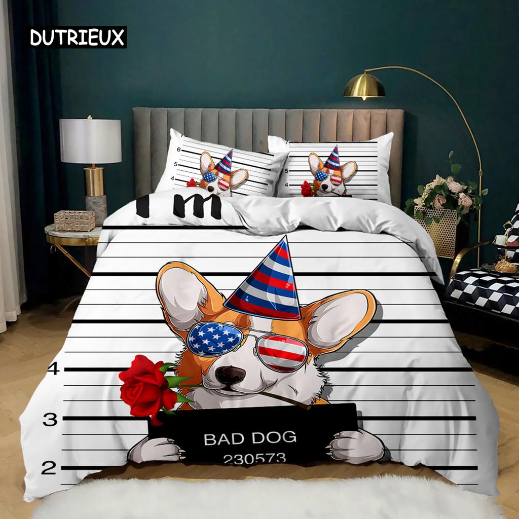 Bettbezug-Set mit Cartoon-Hund, mehrfarbig, Aquarell, süße französische Bulldogge, Bettwäsche-Set für Mädchen und Jungen, Polyester, Welpen-Thema, Bettbezug
