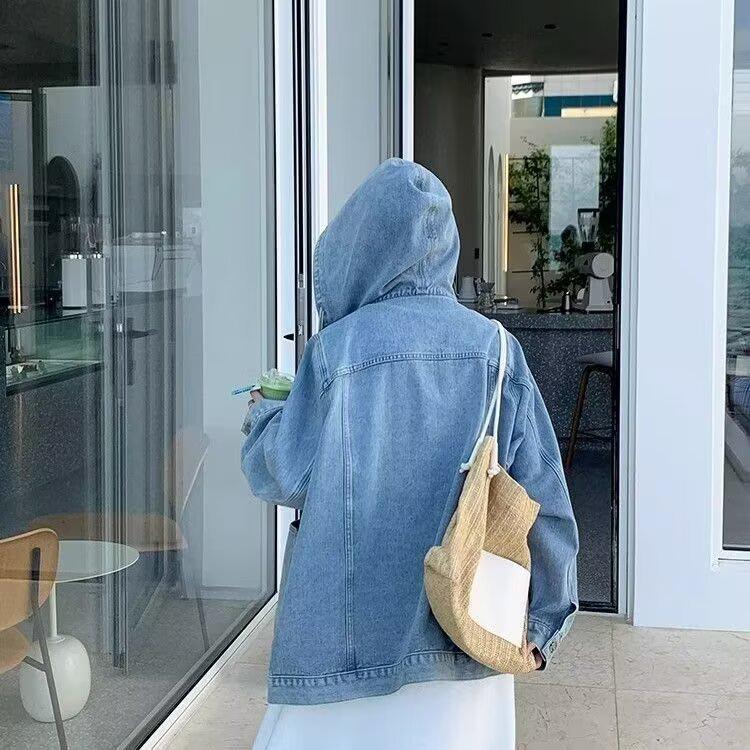 2024 Spring/Autumn Women's Hooded Loose-Fit Denim Jacket: Retro, Flattering, Casual Outerwear for a Slightly Chubby Style