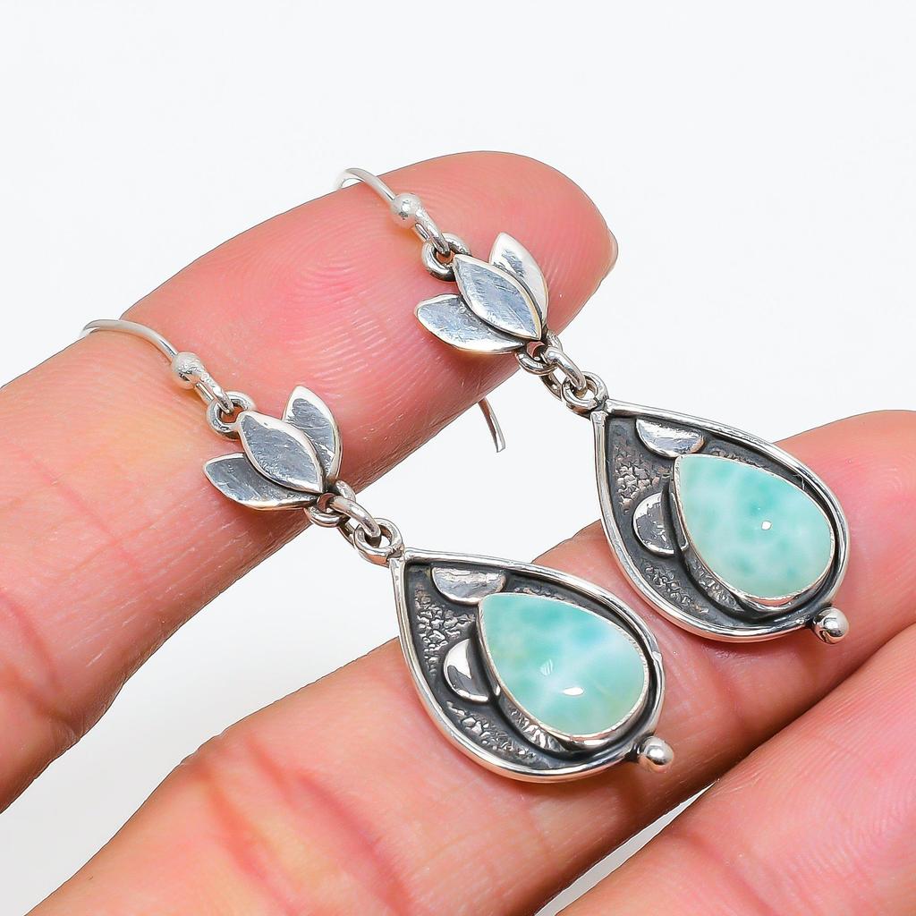 Larimar Gemstone Handmade Earring 925 Solid Sterling Silver Indian Jewelry Gift For Love