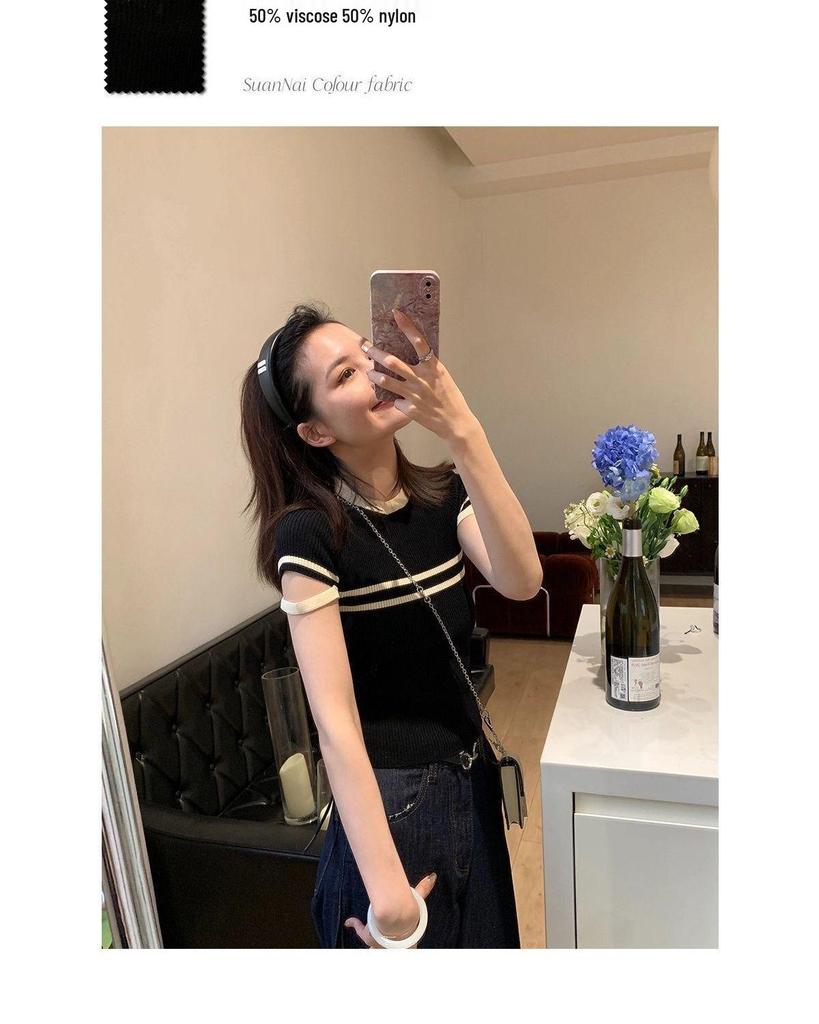 Chic Striped Knit Sweater - Women's Summer Slim Fit, Round Neck Top