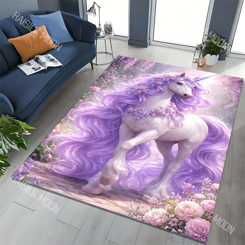 1PC Purple unicorn with flowers Carpet for Living Room Bedroom Sofa Home Decor Rus Non-slip Floor Mat Luxury Gift