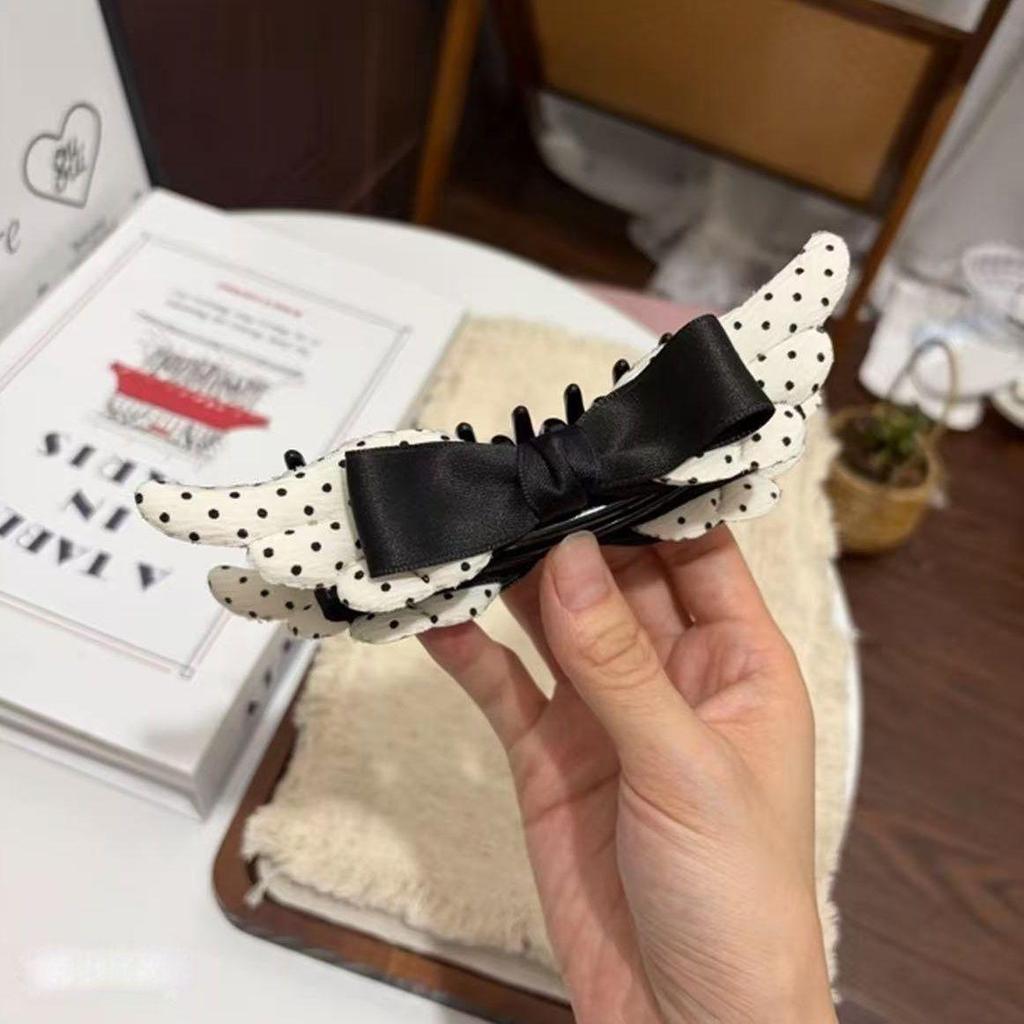 Korean-Japanese Polka Dot Bow Lace Claw Clip - 26-Year High-End Black Winged Hair Accessory
