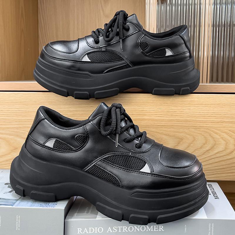 Men's Black Leather Height-Increasing Derby Shoes - 2025 Autumn/Winter Collection, British Style with Thick Sole