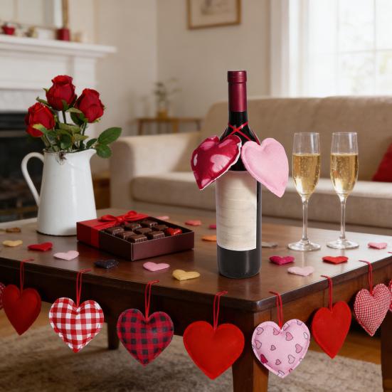 12 Stück Filzstoff Herz Hängeornament Rot Rosa Büffelkaro Herzanhänger für Valentinstag Hochzeitsfeier DIY Bastelarbeiten