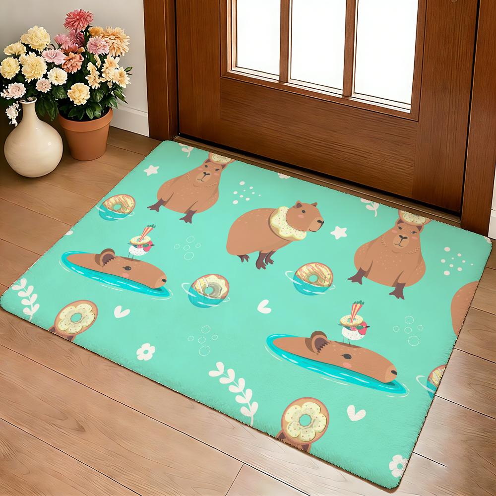 Cute Capybara Pattern Floor Mat Cozy Flannel Soft Thick Non-Slip Mat For Living Room Bedroom Kitchen Decor Rugs