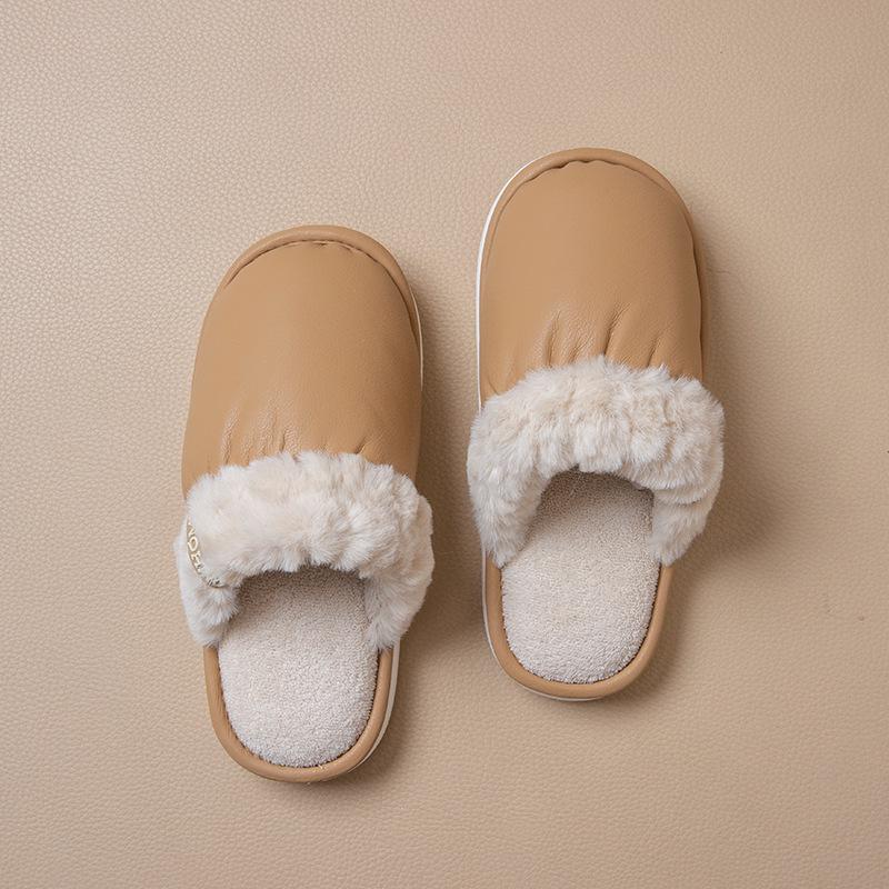 Women's & Men's Waterproof PU Leather Fur Slippers: Non-Slip, Warm, Indoor Cotton with Soft Sole for Autumn & Winter