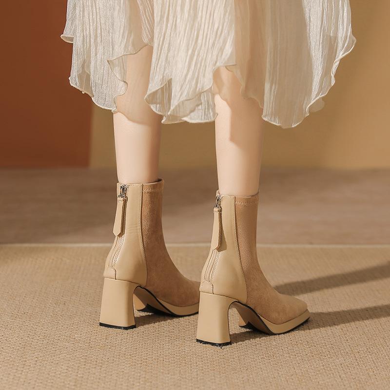 Waterproof table high heels autumn and winter new suede short boots thick heel thin boots black square head short boots women