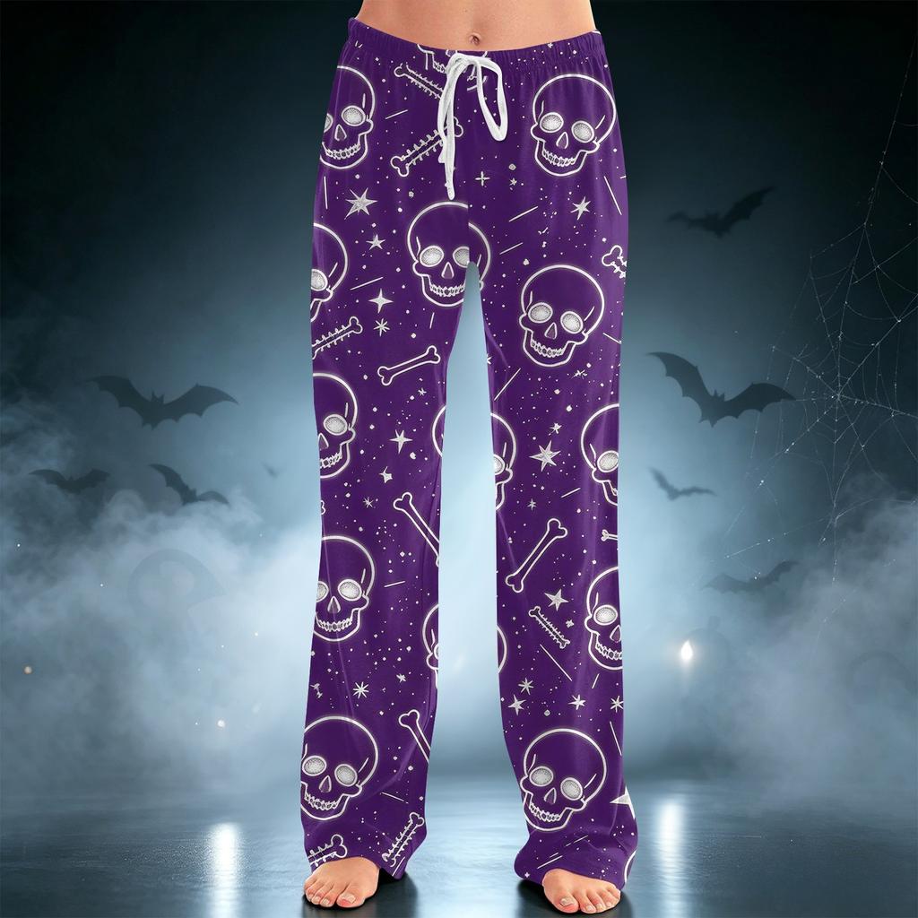 Women's Casual Pants with Drawstring Wide Leg Halloween Print for Holiday Relaxation