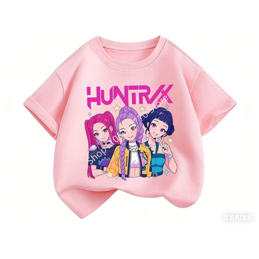 2026 Fun Huntrix Kpop Dämonenjäger T-Shirt für Jungen Mädchen Fans Geschenk Sommer Rundhals Kurzarm T-Shirts Mode Kinder T-Shirt