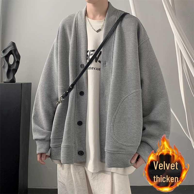 Men's Trendy V-Neck Waffle Knit Cardigan Hoodie - Spring/Autumn Casual Loose Fit Jacket