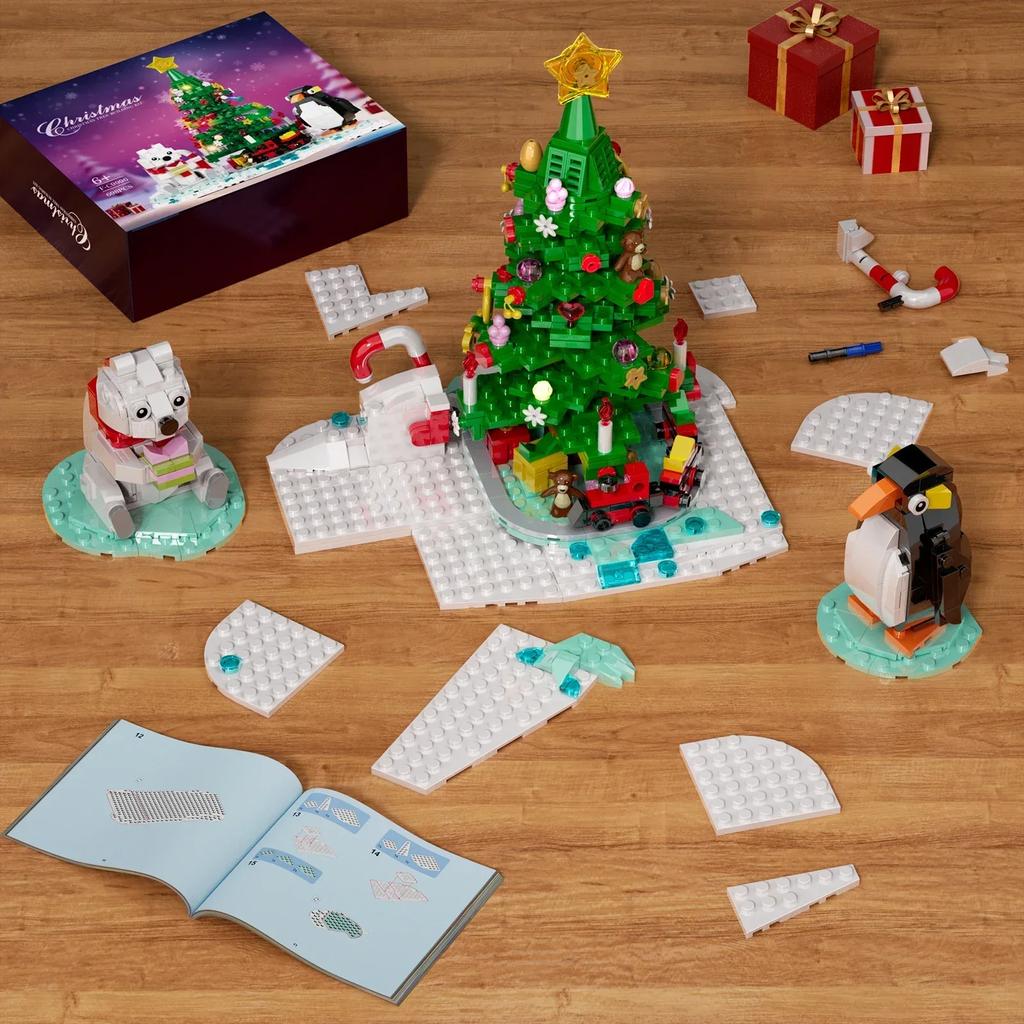 New Years Winter Christmas Tree Building Blocks Set Lighting Penguin Snowman Santa Claus Bricks DIY Toys Children Xmas Gifts