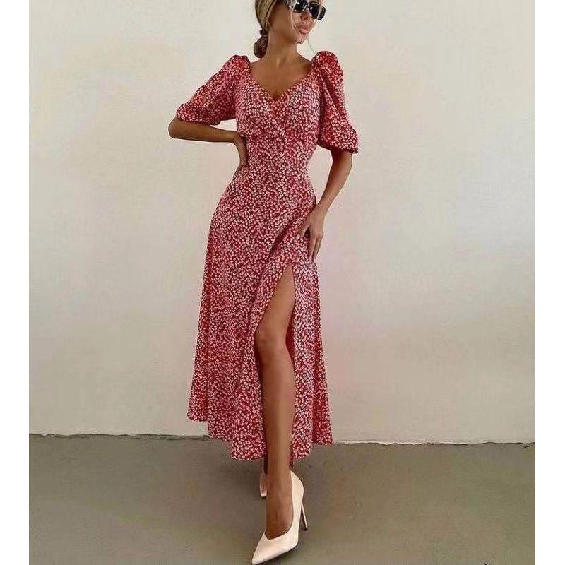 

Модное платье с принтом, разрезом, рукавами-фонариками, приталенное, с V-образным вырезом, Платье с принтом и рукавами-фонариками Red M