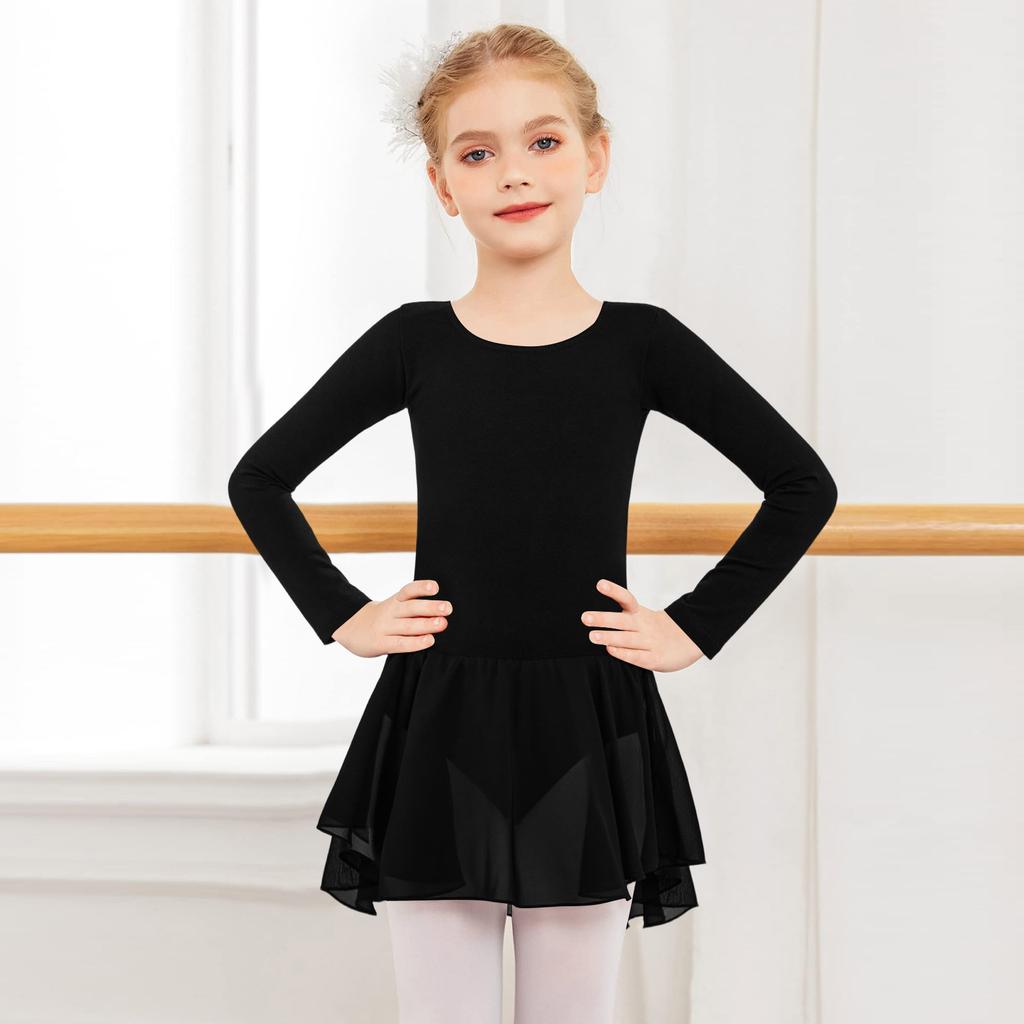 Girls' Color Long-sleeved Tulle Bodysuit Dance Costume