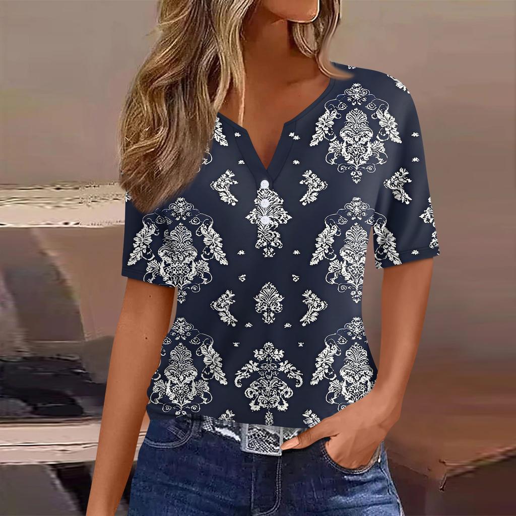 Women's T Shirt Tee Printed Button Short Sleeve Tunic Daily Weekend Fashion Basic V- Neck Regular Top