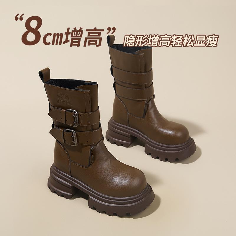 Cowhide platform Martin boots women's autumn new thick heel short boots belt buckle medium tube knight boots