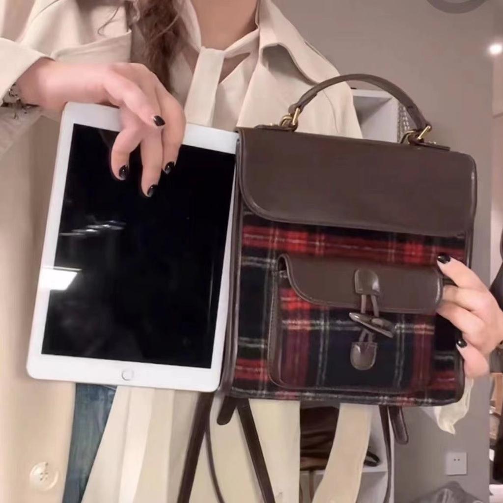 Red And Blue Woolen Retro Design Backpack Horn Buckle Texture Niche Unique Backpack Bag