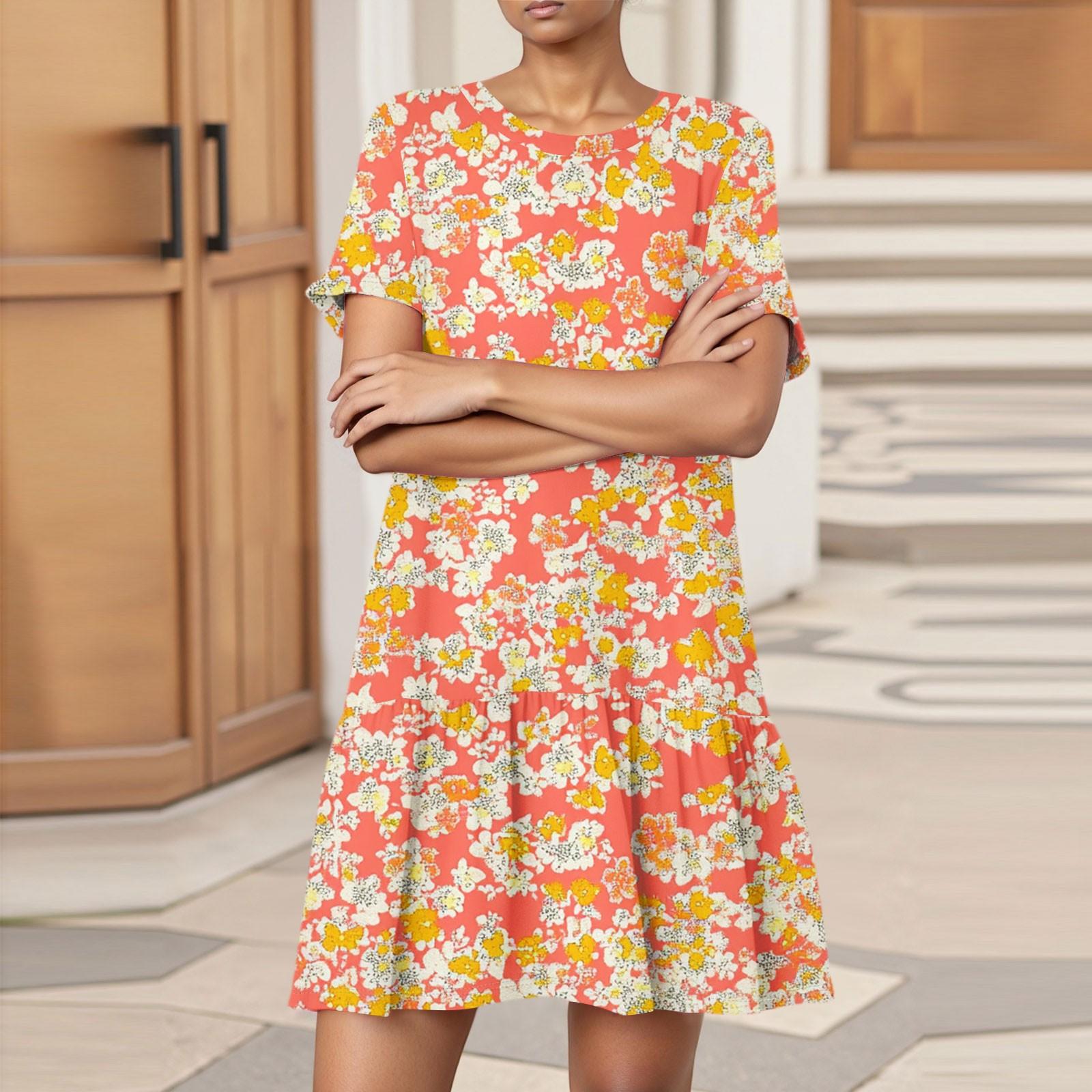 

Женское модное повседневное платье с круглым вырезом и коротким рукавом с цветочным принтом XL шафрановый