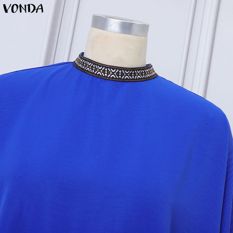 VONDA Women Casual Round Neck 3/4 Sleeve Splicing Casual Baggy Long Maxi Swing Dress