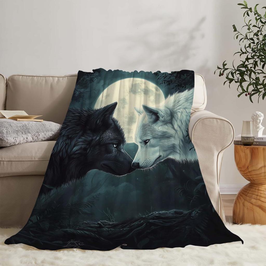 Black and white wolf in the night sky digital-printed polyester Bedroom velvet flannel soft cover blanket Fleece cover blankets
