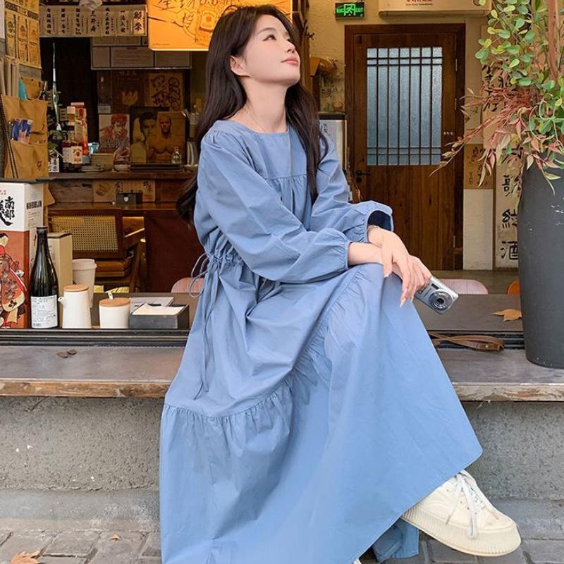 

Синее Длинное Платье с Юбкой Годе Женское Весенне-Осеннее Свободное Скрывающее Живот Стройнящее Повседневное Макси 2XL синий