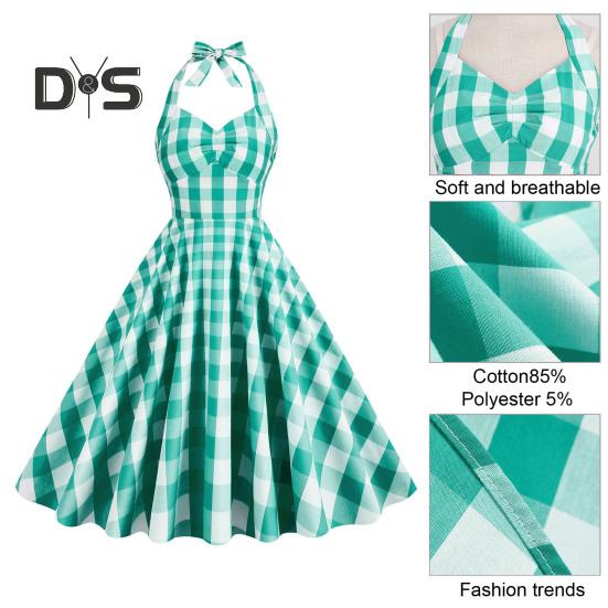 1950er Jahre Damen Rosa Kariertes Ärmelloses Kleid Schnürung Schleife Neckholder Versteckter Reißverschluss Skater Saum Cocktailparty Swing Kleid Hohe Taille A-Linie Kleid