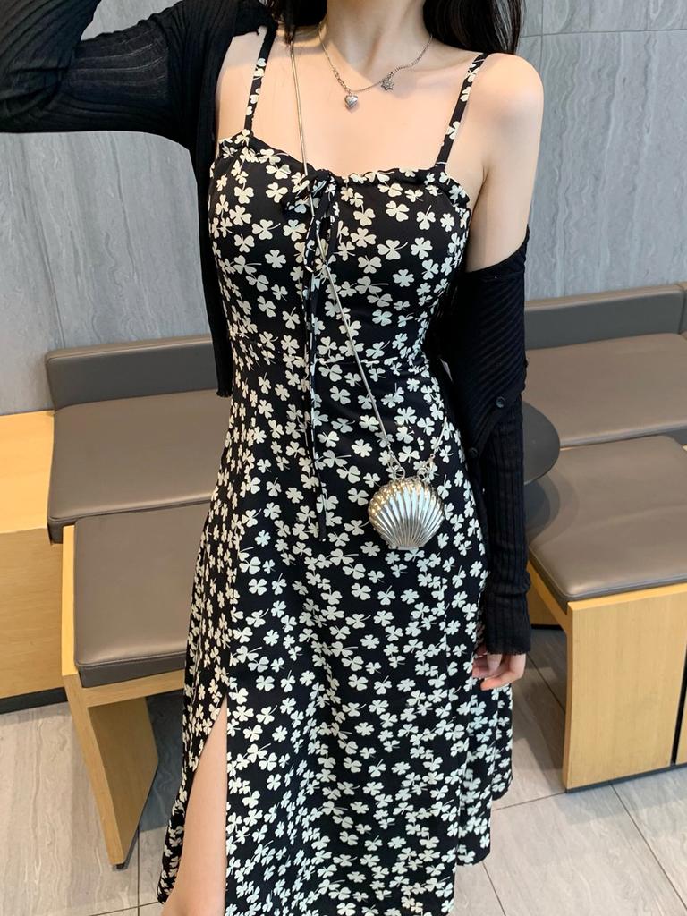 [Four-sided floral dress] Suspender floral dress women's summer French thin small printed bottoming skirt