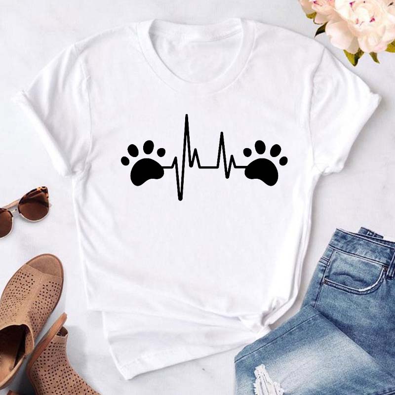 Women Dogs Paws Love Heart Printed T-shirts Fashion Summer Short Sleeve Lady Womens Clothes Tops T-Shirt Black Shirt Tees Female