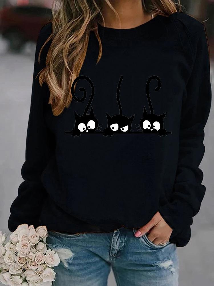 Women Winter Long Sleeved Casual Round Neck Black Cats Printed Loose Sweatshirt Tops & Blouses Plus Size T-shirts