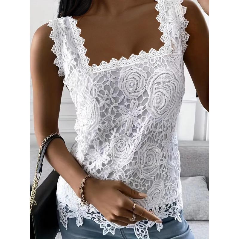 HNXC Summer Square-neck Lace Sleeveless Vest T-shirt Top