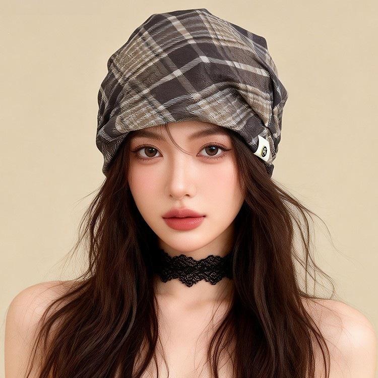 Trendy Plaid Slouchy Hat - Unisex Pleated Beanie for Spring & Summer
