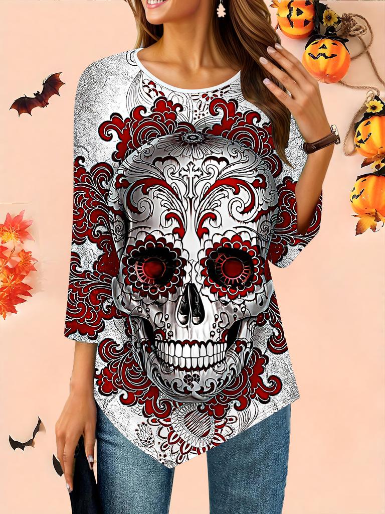 Women's Loose Round Neck Three Quarter Sleeve Tee 3D Halloween Pattern Ideal Halloween and Christmas Gift