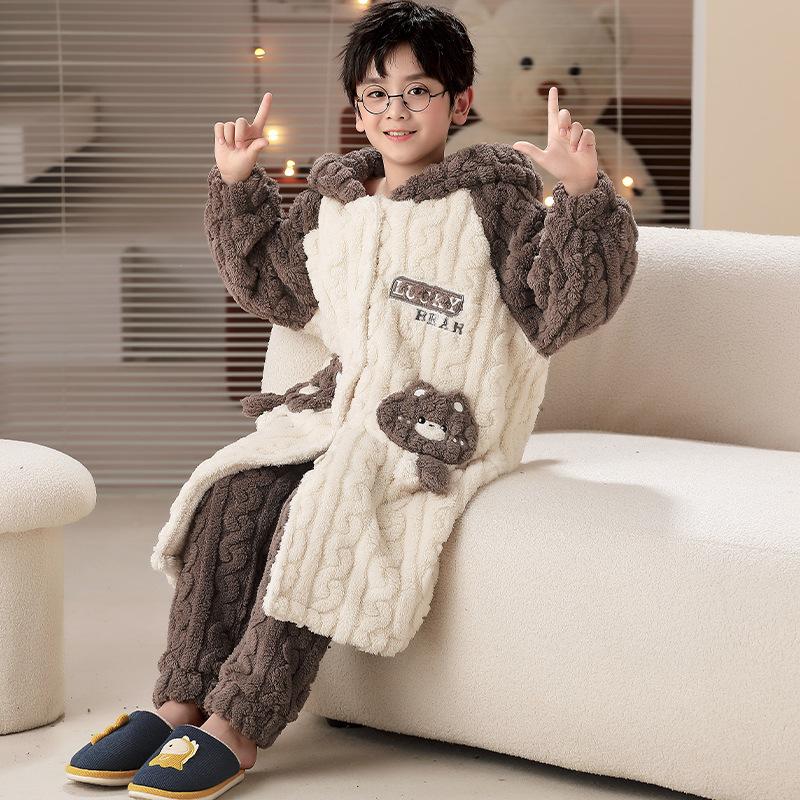 Kids Flannel Pajamas Set Boys Girls Warm Long Sleeve Top And Pants Sleepwear Winter Home Nightwear