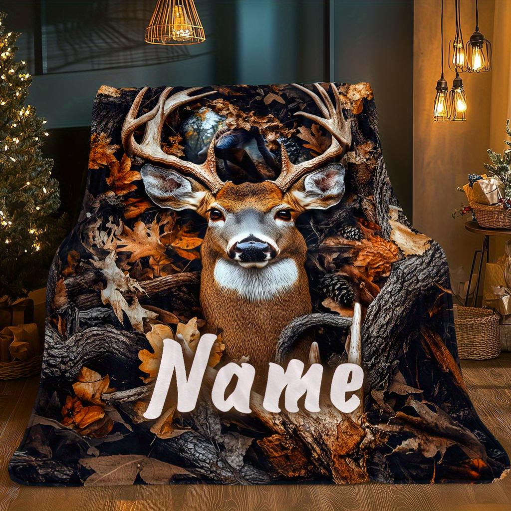 Custom Deer Fleece Blanket Personalized Name Forest Animal Print Throw Soft Warm All Season Bedding Gift For Hunting Lovers