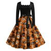 Women Vintage Long Sleeve Square Neck Dress Halloween Party Printed Full Skirt Retro Style Midi Dress with Waist Tie