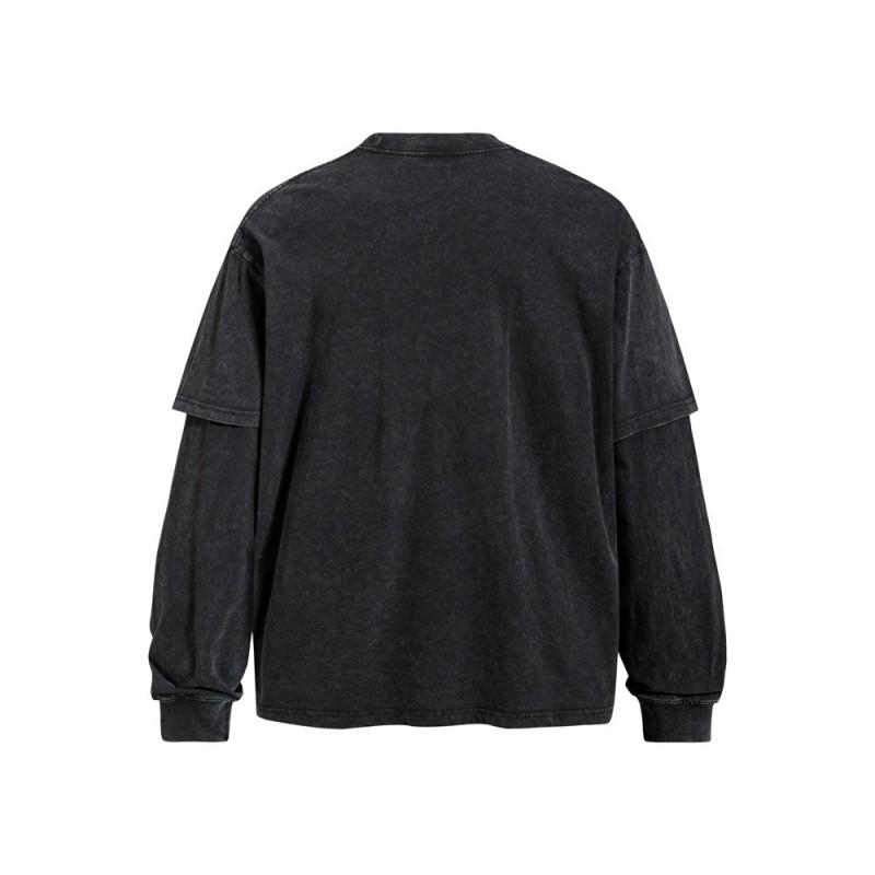 Mens Washed Vintage Fake Two-Piece Long Sleeve T-Shirt Loose Fit Crew Neck Casual Graphic Tee Fall