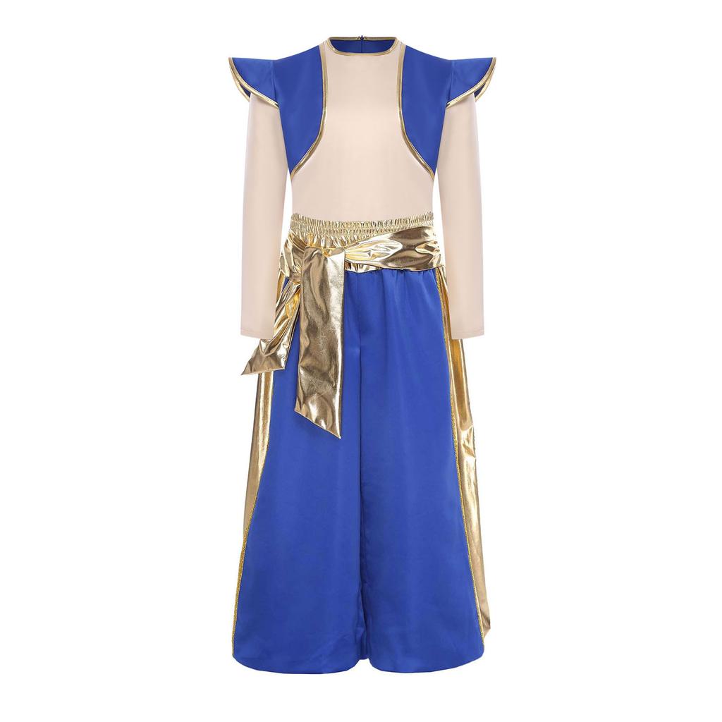 Boys Arabian Prince Costume Long Sleeve Fake Shirt Top Metallic Shiny Patchwork Contrast Color Harem Pants