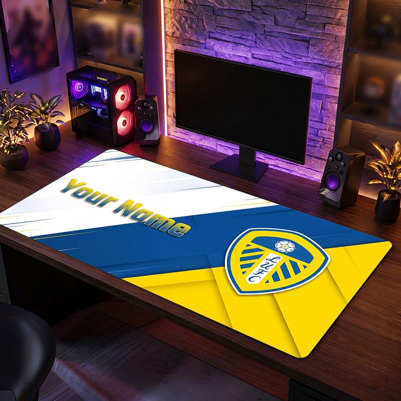 Leeds United Custom Large Mouse Pad, Personalized Name Text Print, Football Logo Non‑Slip Desk Mat Gaming Gift