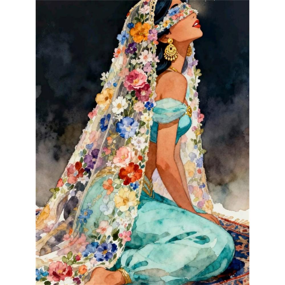 

Disney 5D DIY Diamond Painting Aladdin and Jasmine Princess Watercolor Illustration Embroidery Mosaic Cross Stitch Home Decor Gift Crafts Round 20x30cm