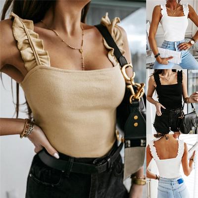 Women's Summer Elegant Frill Sexy Slim Top Casual Sleeveless Shirt Tank Solid Color High Street Fashion Female Top