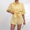 Gestreifte 2-teilige Outfits für Damen, Oversized Hemd mit Knöpfen und Shorts mit Kordelzug, Lässiger Sommer-Trainingsanzug