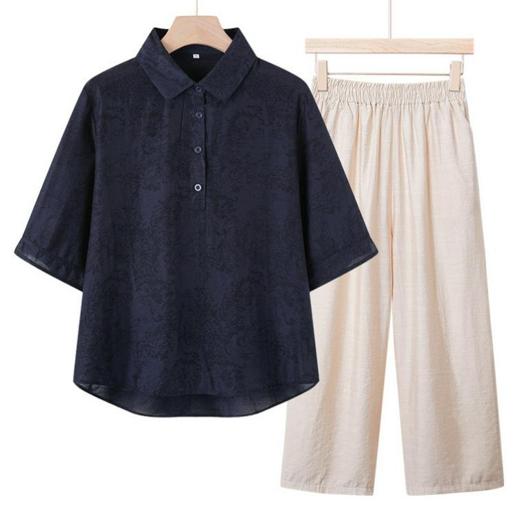 

Summer Mother s Jacquard Lapel Blouse Suit Fashion Two-piece Shirt 5XL темно-синього кольору