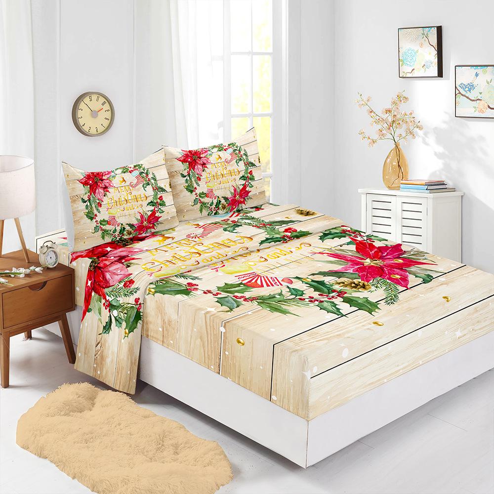 Four-Piece Mattress Set Christmas Bedding 3D Digital Printing Kit Mattress Protective Cover
