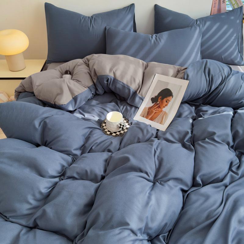 Conjunto de Roupa de Cama Simples de Algodão Lavado Duplamente Torcido - Lençol de Elástico e Capa de Cor Lisa