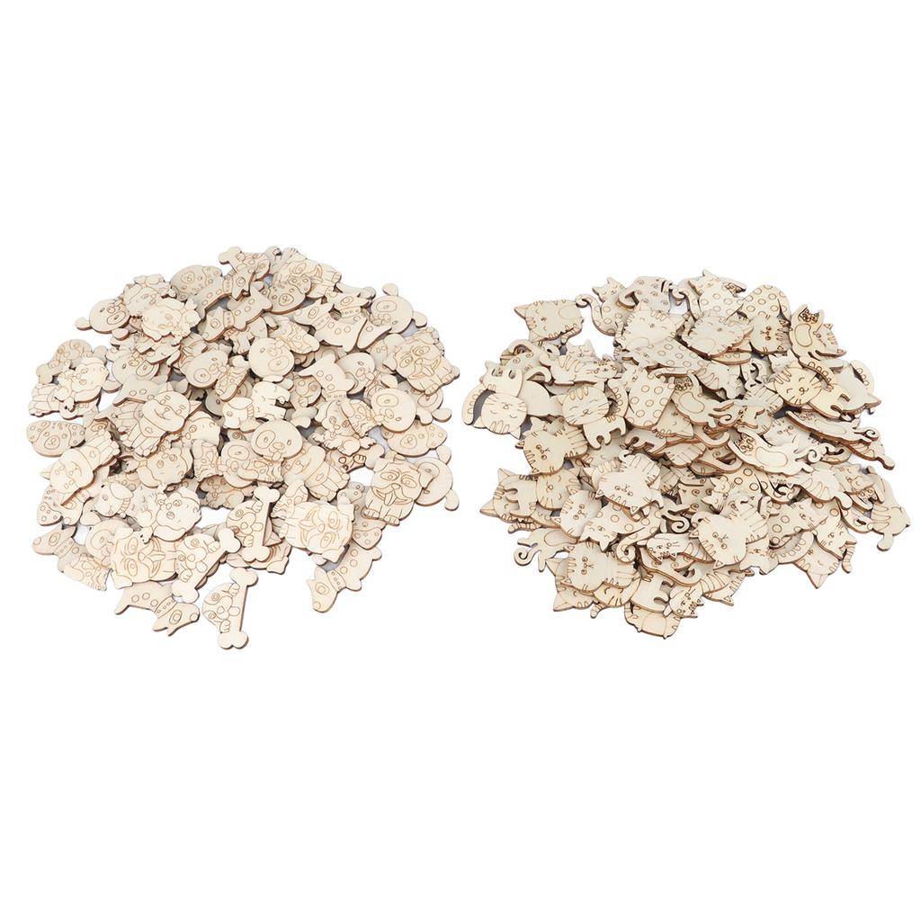 200pcs Unfinished Wooden Animal Chips DIY Innovative Empty Wooden Cat Dog Ornaments for Home