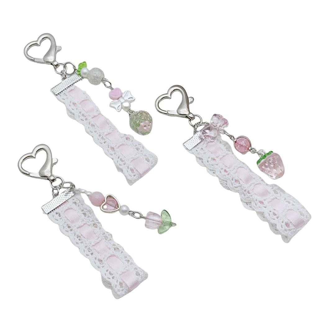Cute Strawberry and Butterfly Phone Charm Charming Lace and Bead Keychain Phone Strap with Strawberry and Tulip Ornament