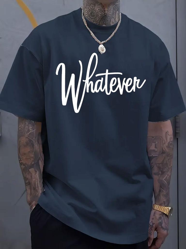 Unisex Crew Neck Tee Whatever Cursive Letter Print Soft Cotton Short Sleeve Minimalist Daily Street Top For Young Adult Male Guys