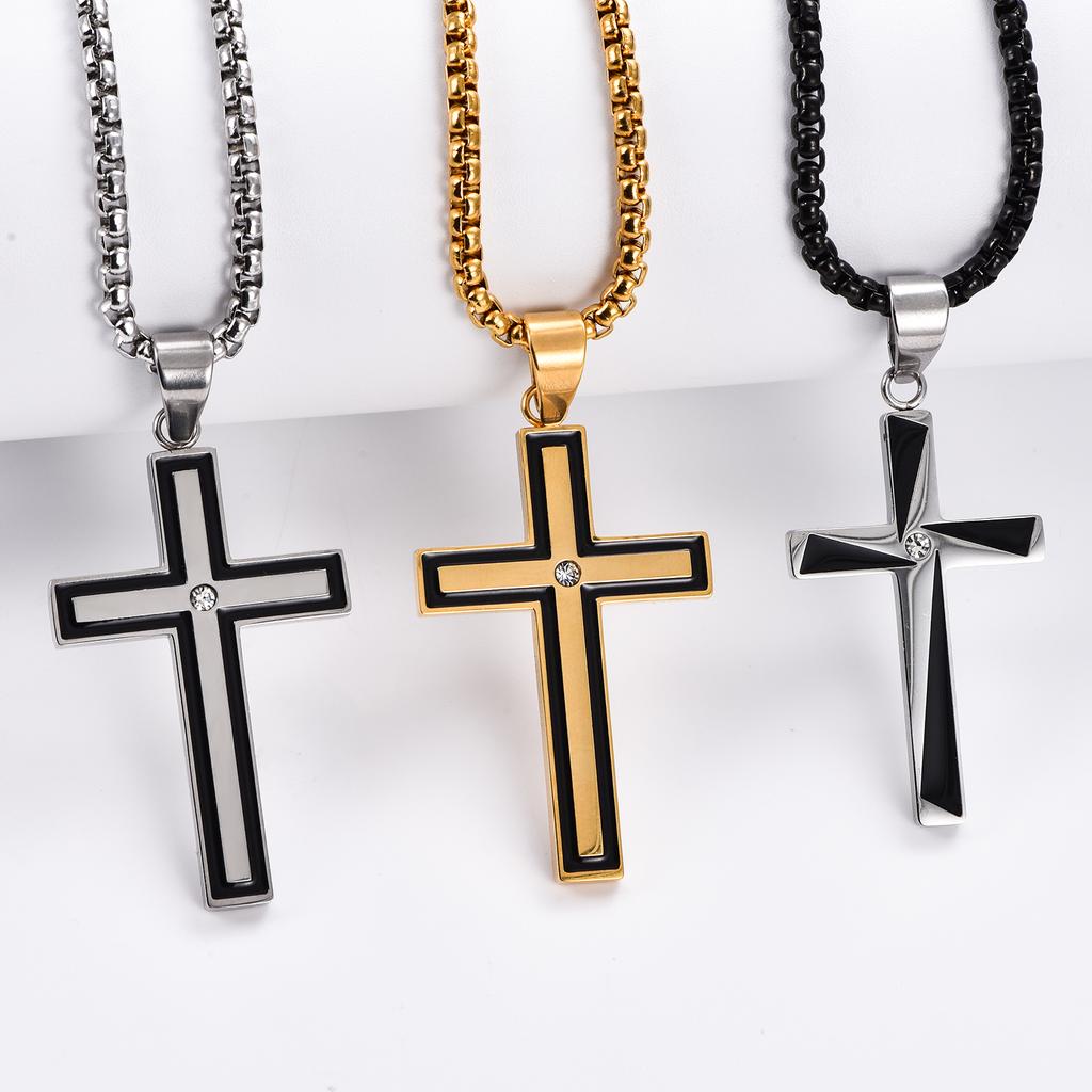 Stainless Steel Cross Pendants Neckalces Zircon Center Inlayed Christ Cross Collar for Men Women Faith Jewelry