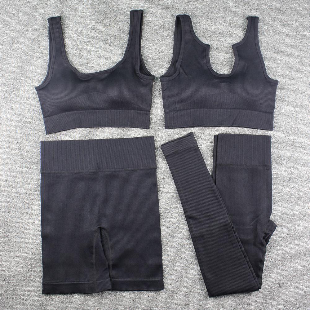 Women's Ribbed Seamless Yoga Set: Striped Sports Bra, Tank Top, Long Pants, and Shorts