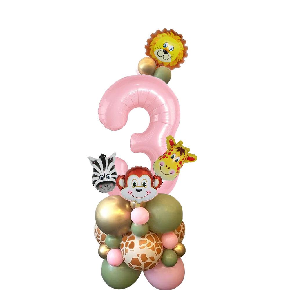 1set Carton Animal Balloon Tower with Pink Number Balloon for Girl's Wild One Themed Jungle Safari Birthday Party Decorations